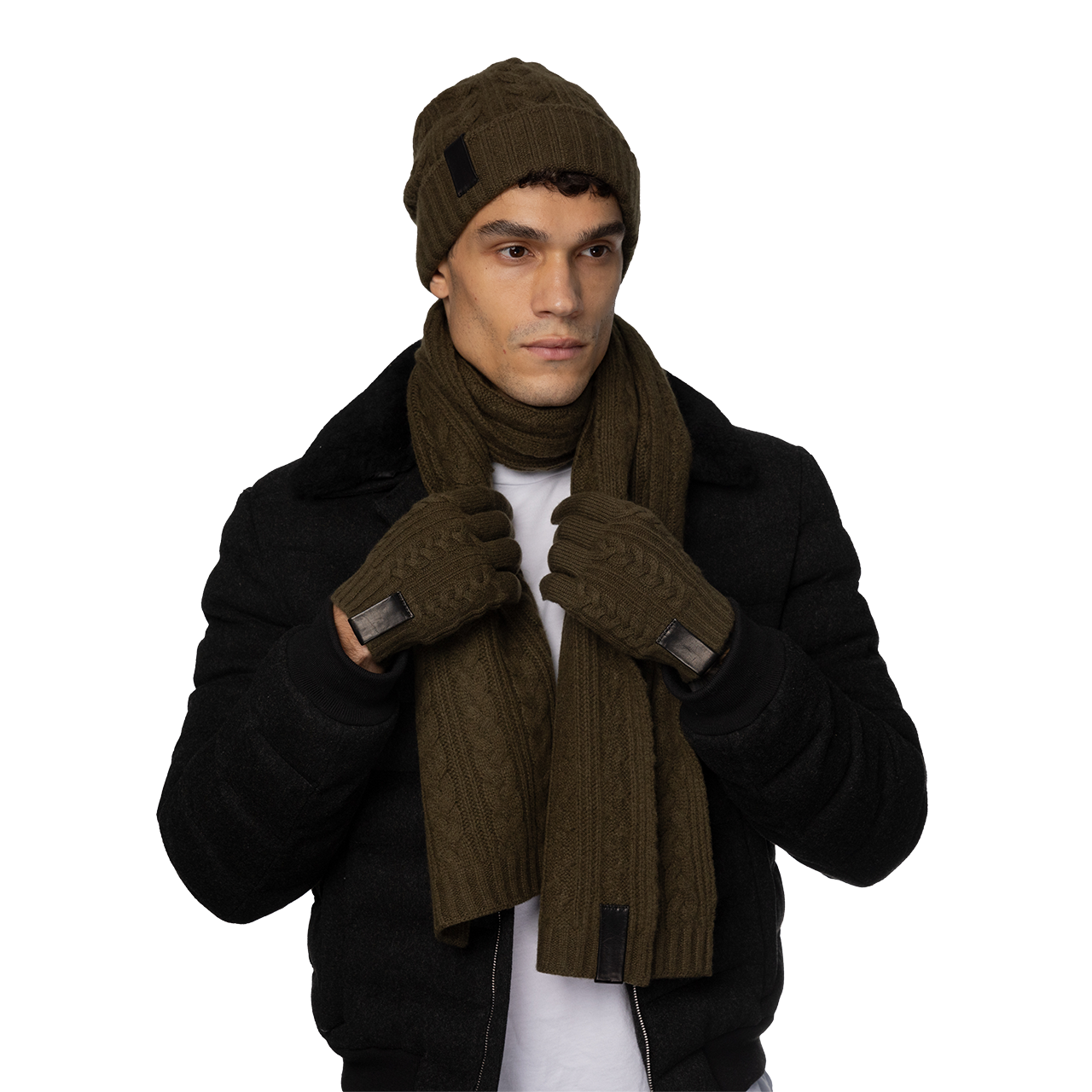 Cashmere Cable Knit Scarf with Leather Tab - Duffle Bag