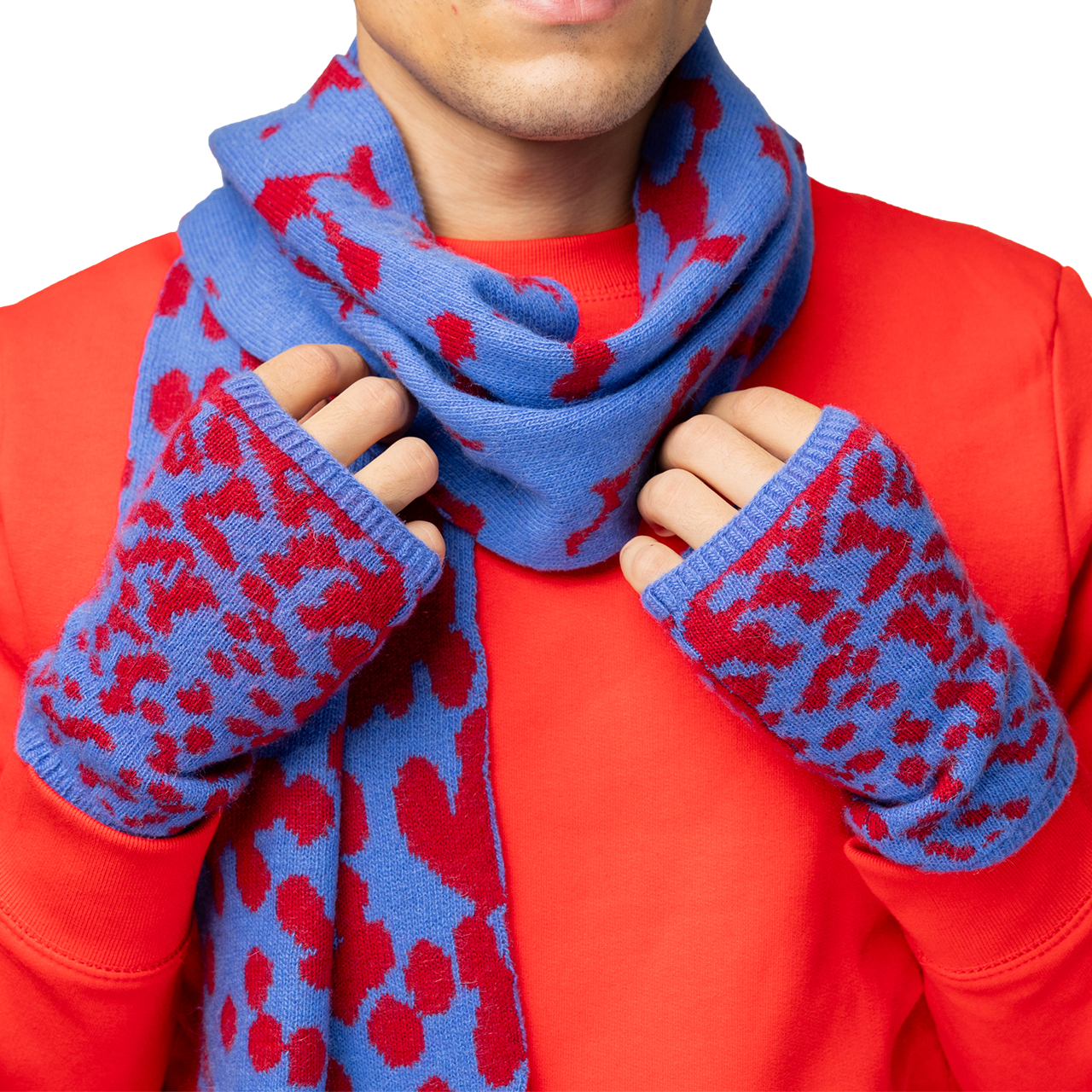 Cashmere Fingerless Gloves with Contrast Intarsia - Red/Blue