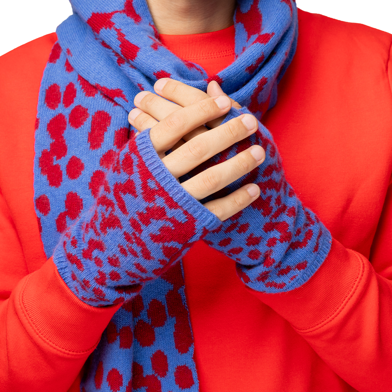 Cashmere Fingerless Gloves with Contrast Intarsia - Red/Blue