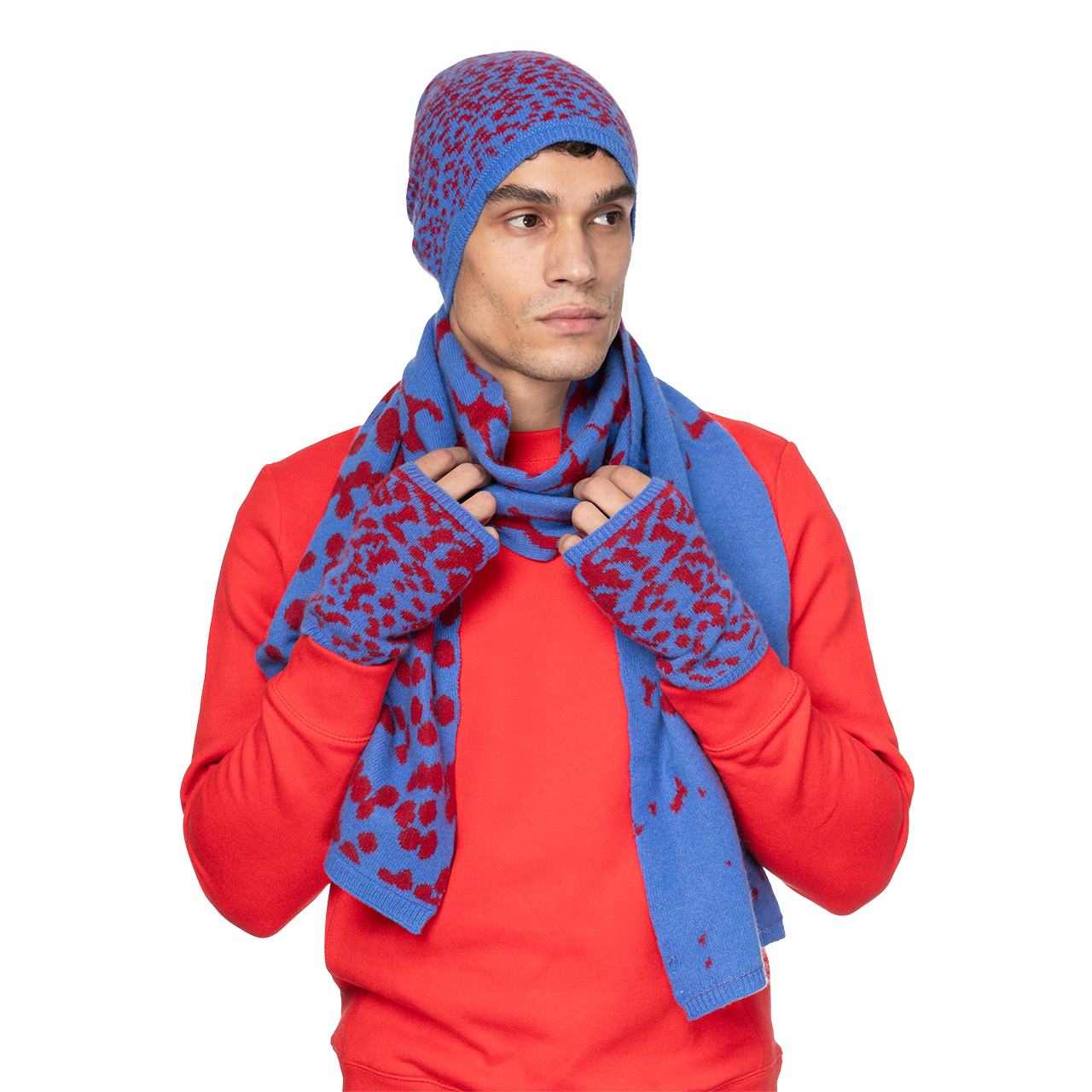 Cashmere Fingerless Gloves with Contrast Intarsia - Red/Blue