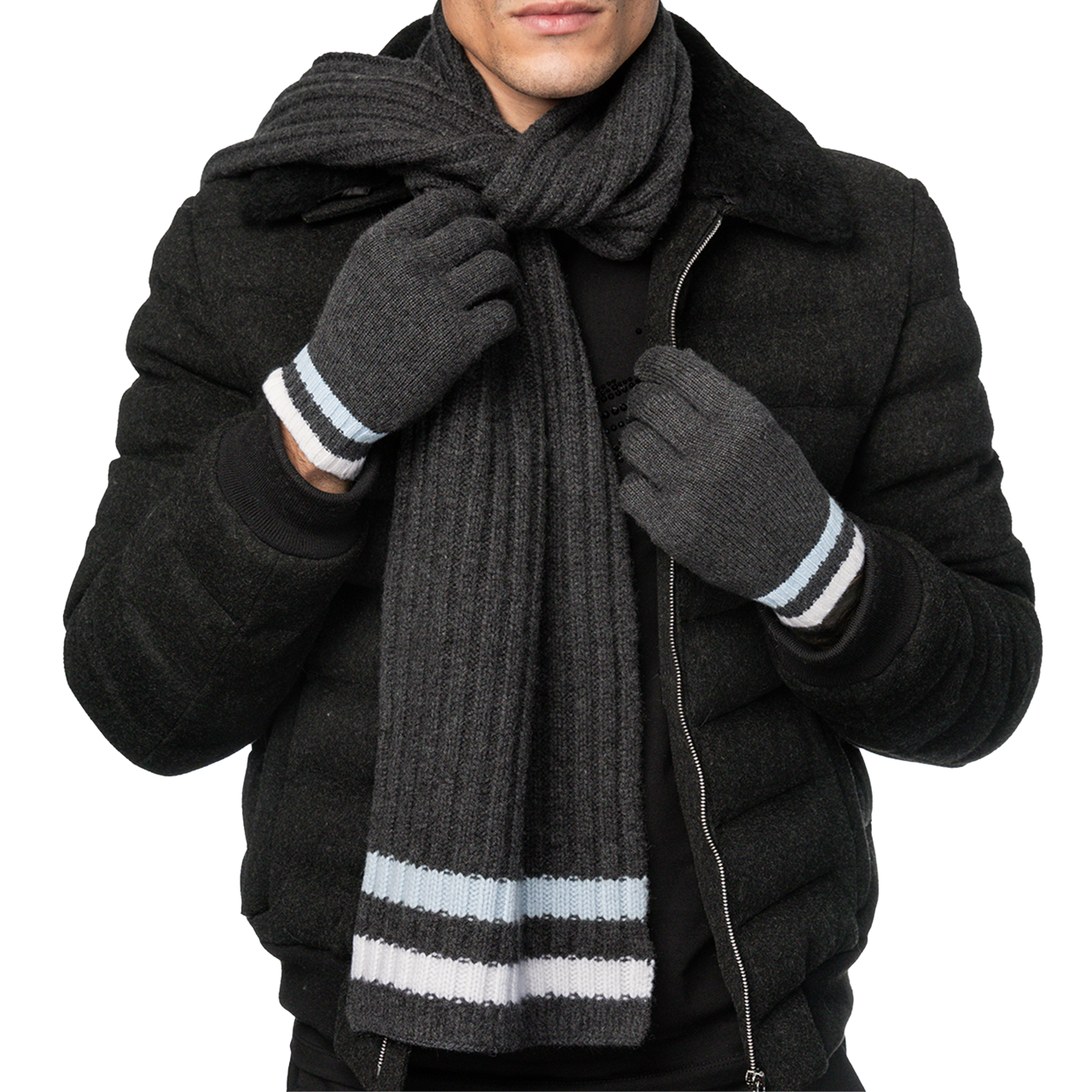 Cashmere Stripe-Edge Scarf - Heather Charcoal with Powder-Blue/Chalk