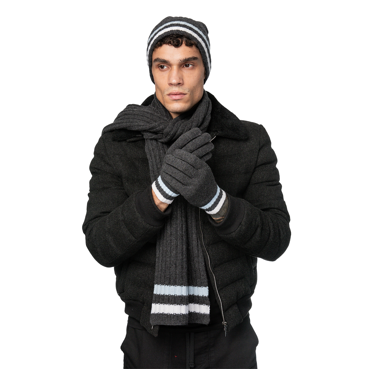 Cashmere Stripe-Edge Scarf - Heather Charcoal with Powder-Blue/Chalk