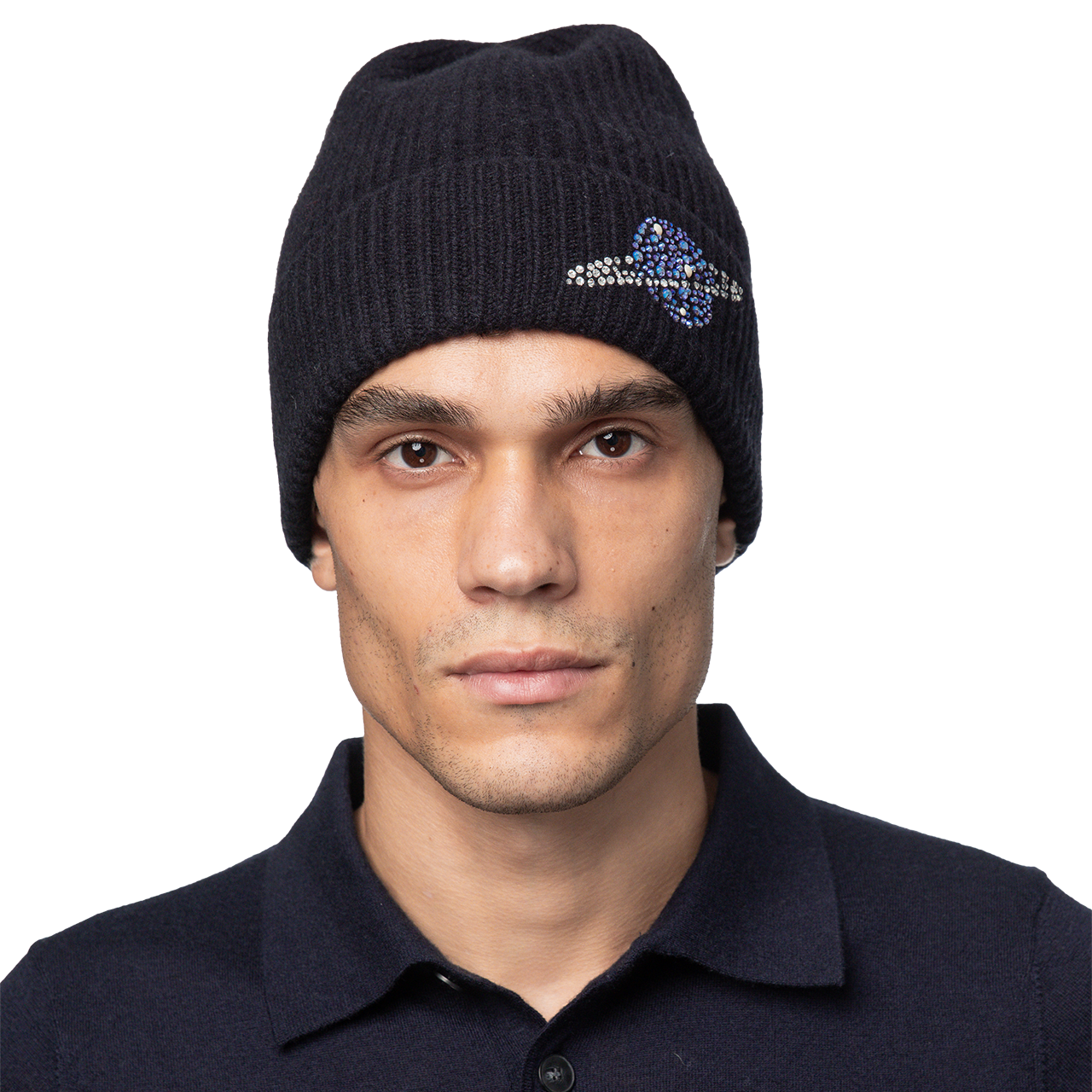 Cashmere Ribbed Beanie with Crystal Planet - Navy