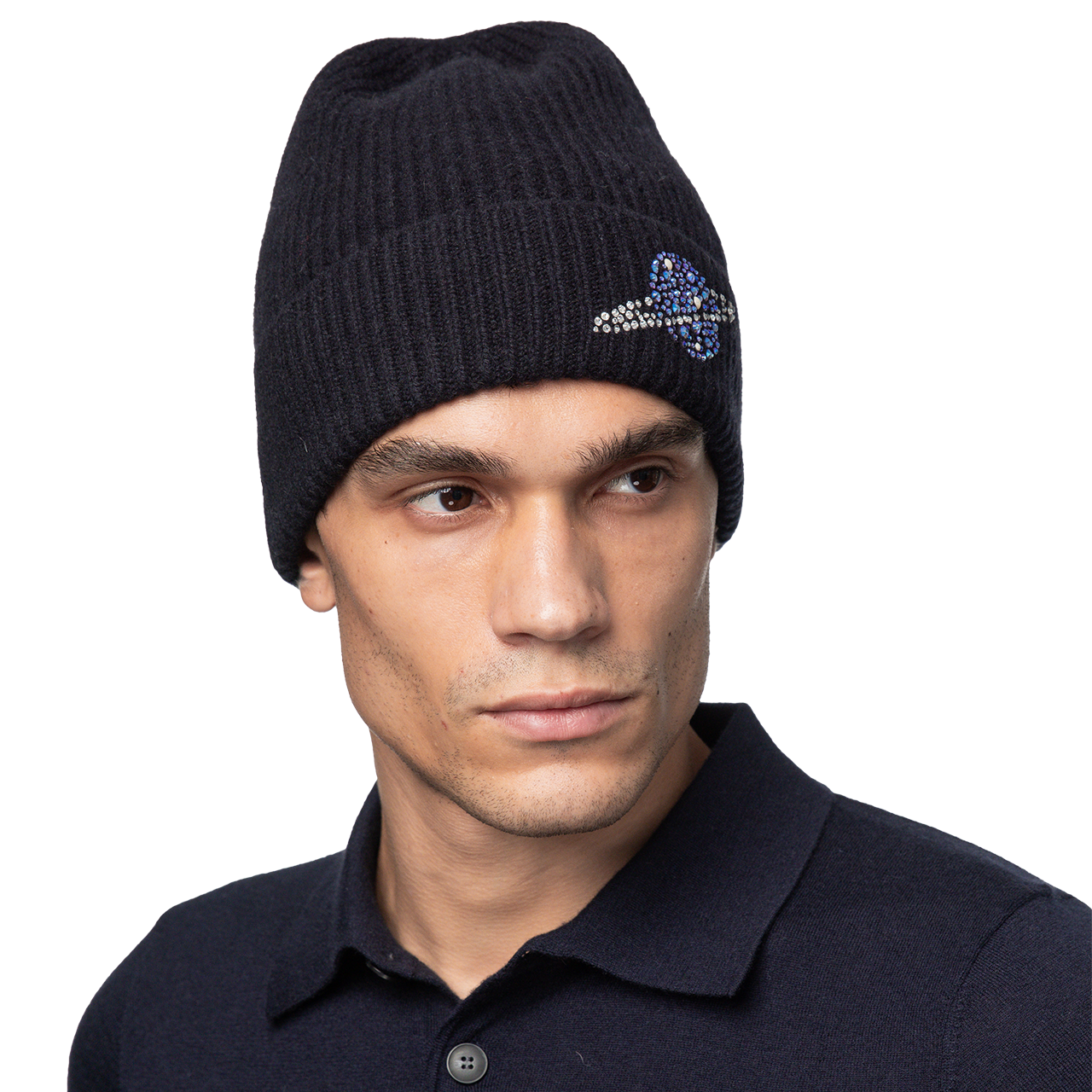 Cashmere Ribbed Beanie with Crystal Planet - Navy