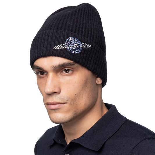 Cashmere Ribbed Beanie with Crystal Planet - Navy
