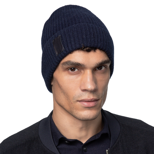 Cashmere Ribbed Cuff Beanie with Leather Tab - Navy