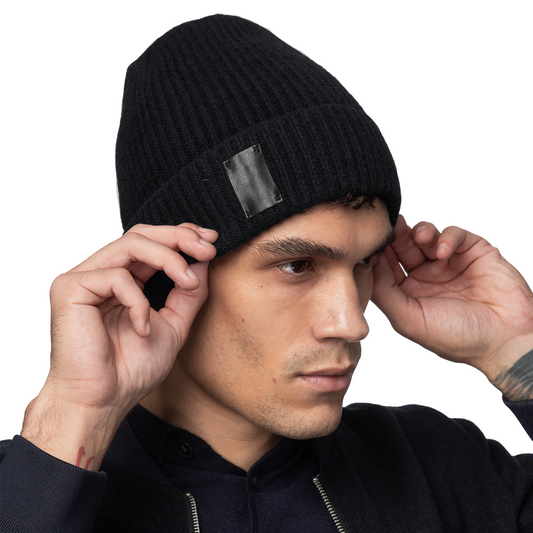 Cashmere Ribbed Cuff Beanie with Leather Tab - Black