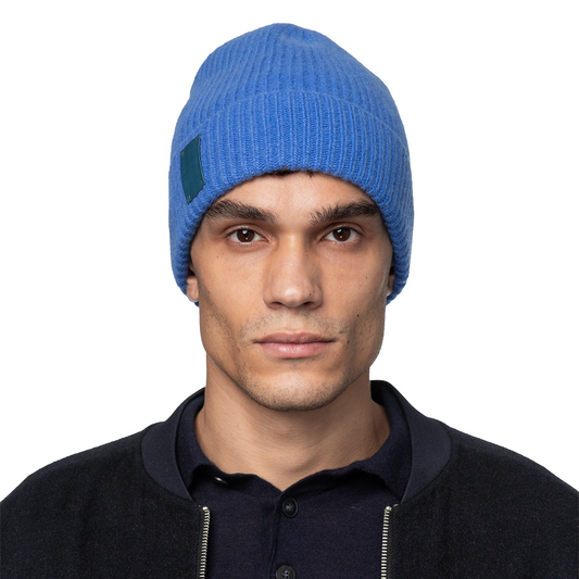 Cashmere Ribbed Cuff Beanie with Leather Tab - Cobalt Blue