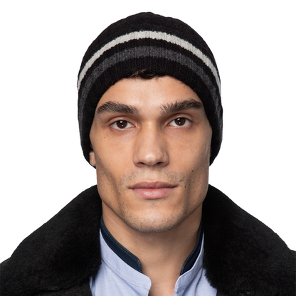 Cashmere Stripe-Cuff Beanie - Black with Charcoal/Grey