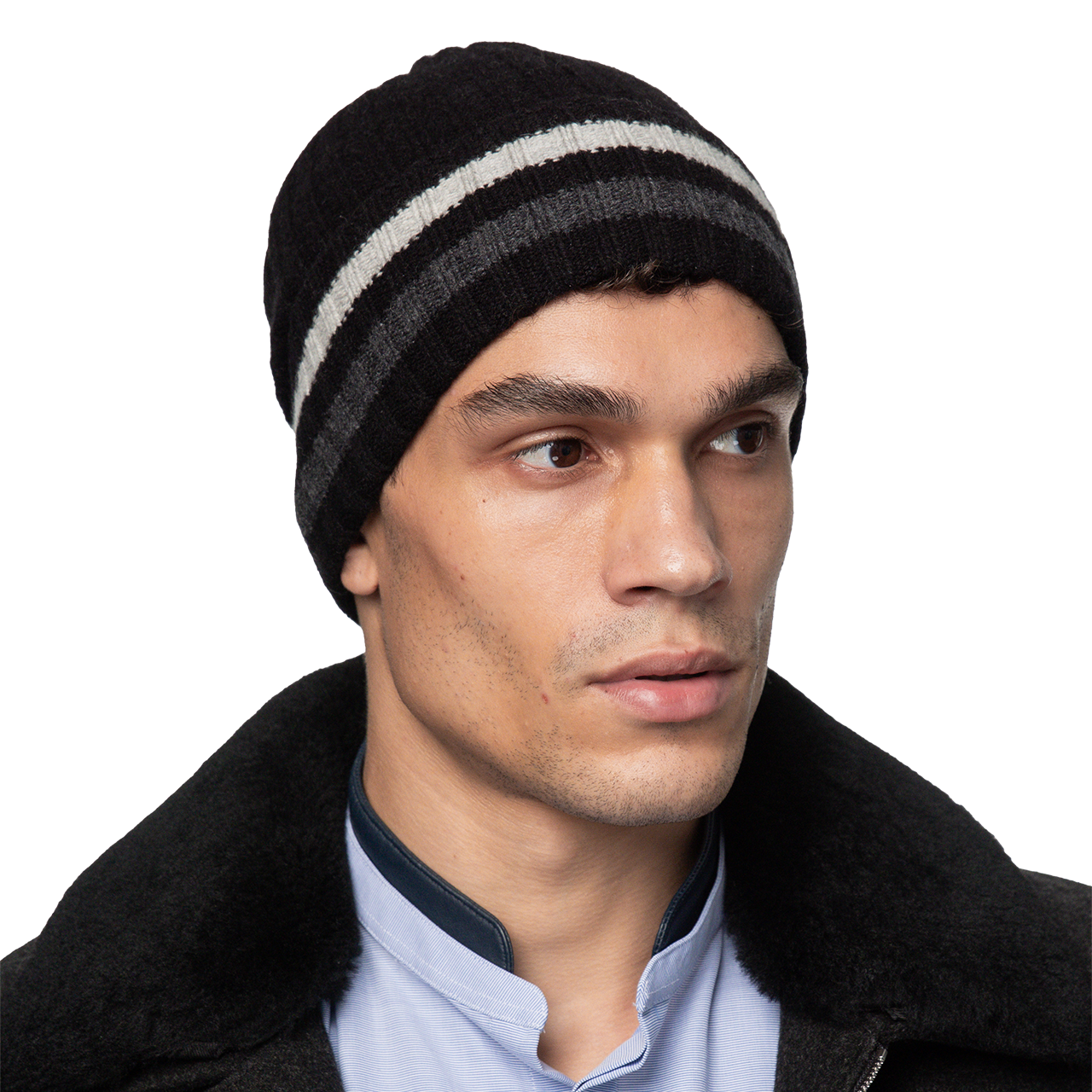 Cashmere Stripe-Cuff Beanie - Black with Charcoal/Grey