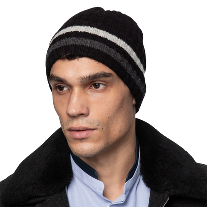 Cashmere Stripe-Cuff Beanie - Black with Charcoal/Grey