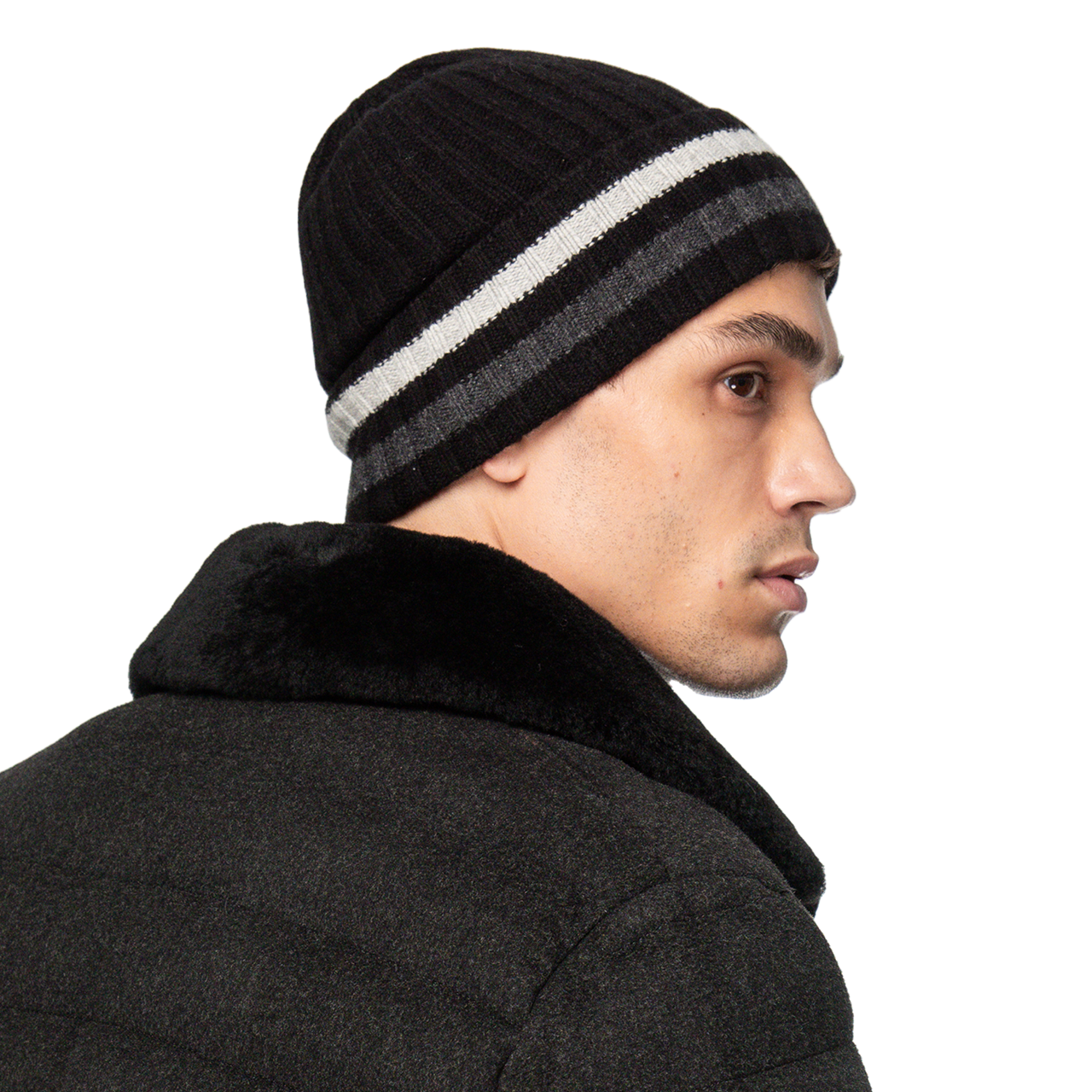 Cashmere Stripe-Cuff Beanie - Black with Charcoal/Grey