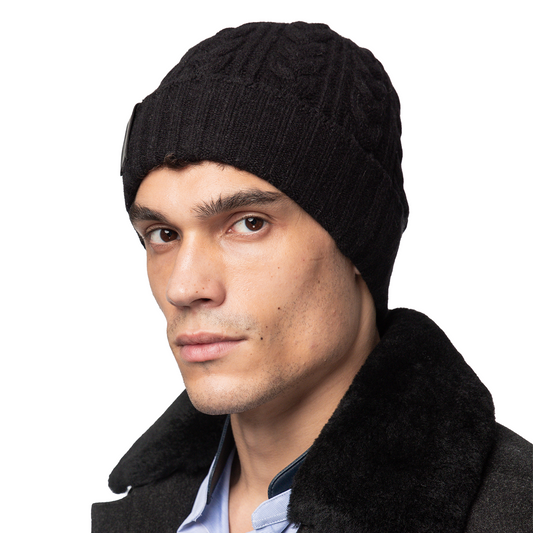 Cashmere Cable Knit Cuff Beanie with Leather Tab - Black