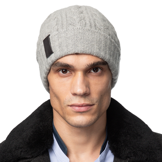 Cashmere Cable Knit Cuff Beanie with Leather Tab - Light Heather Grey