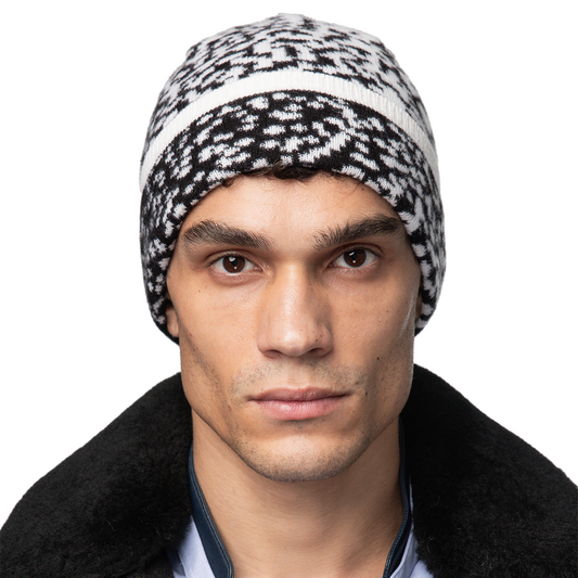 Cashmere Slouchy Beanie with Contrast Intarsia - Black/White