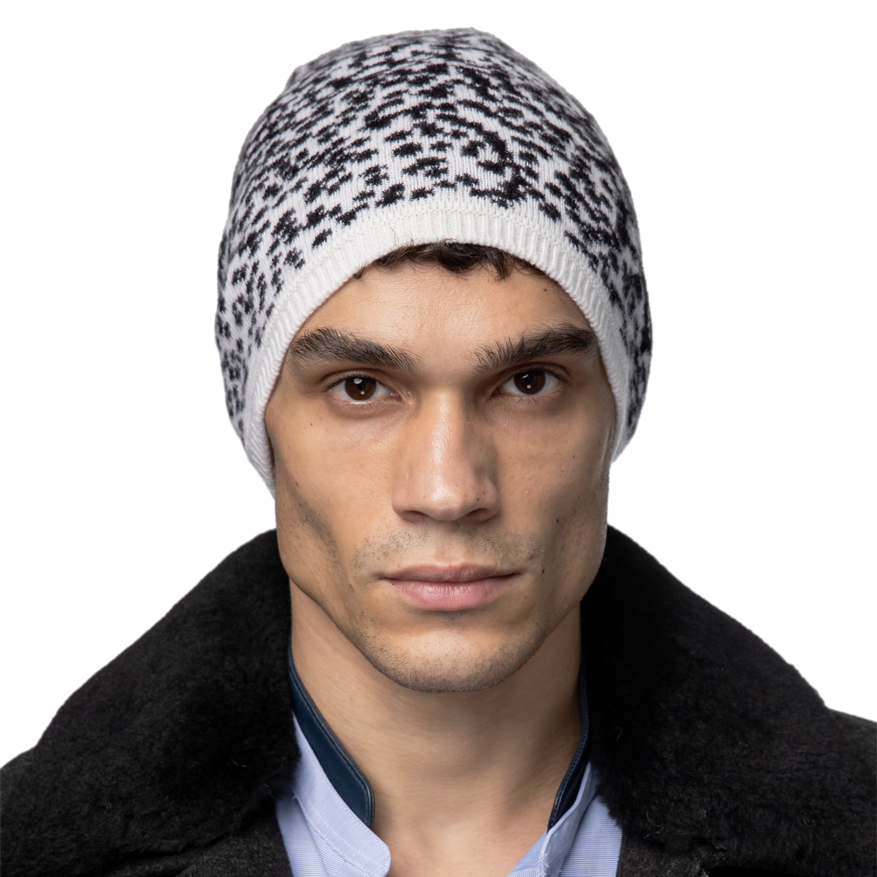 Cashmere Slouchy Beanie with Contrast Intarsia - Black/White