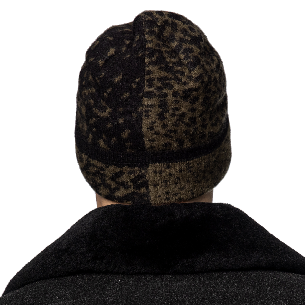 Cashmere Slouchy Beanie with Contrast Intarsia - Duffle Bag/Black