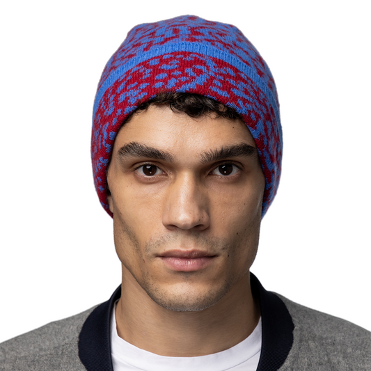 Cashmere Slouchy Beanie with Contrast Intarsia - Red/Blue