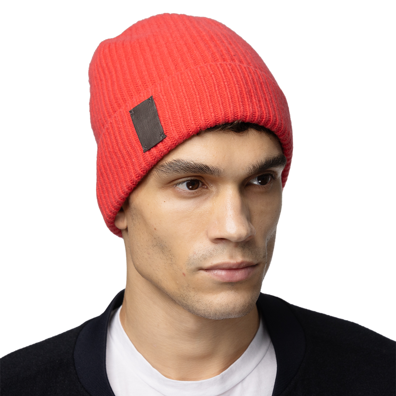 Cashmere Ribbed Cuff Beanie with Leather Tab - Cherry