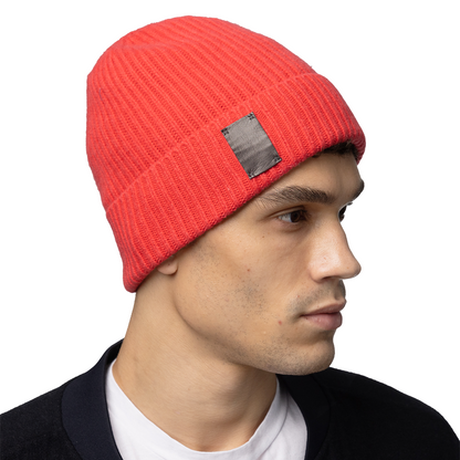 Cashmere Ribbed Cuff Beanie with Leather Tab - Cherry