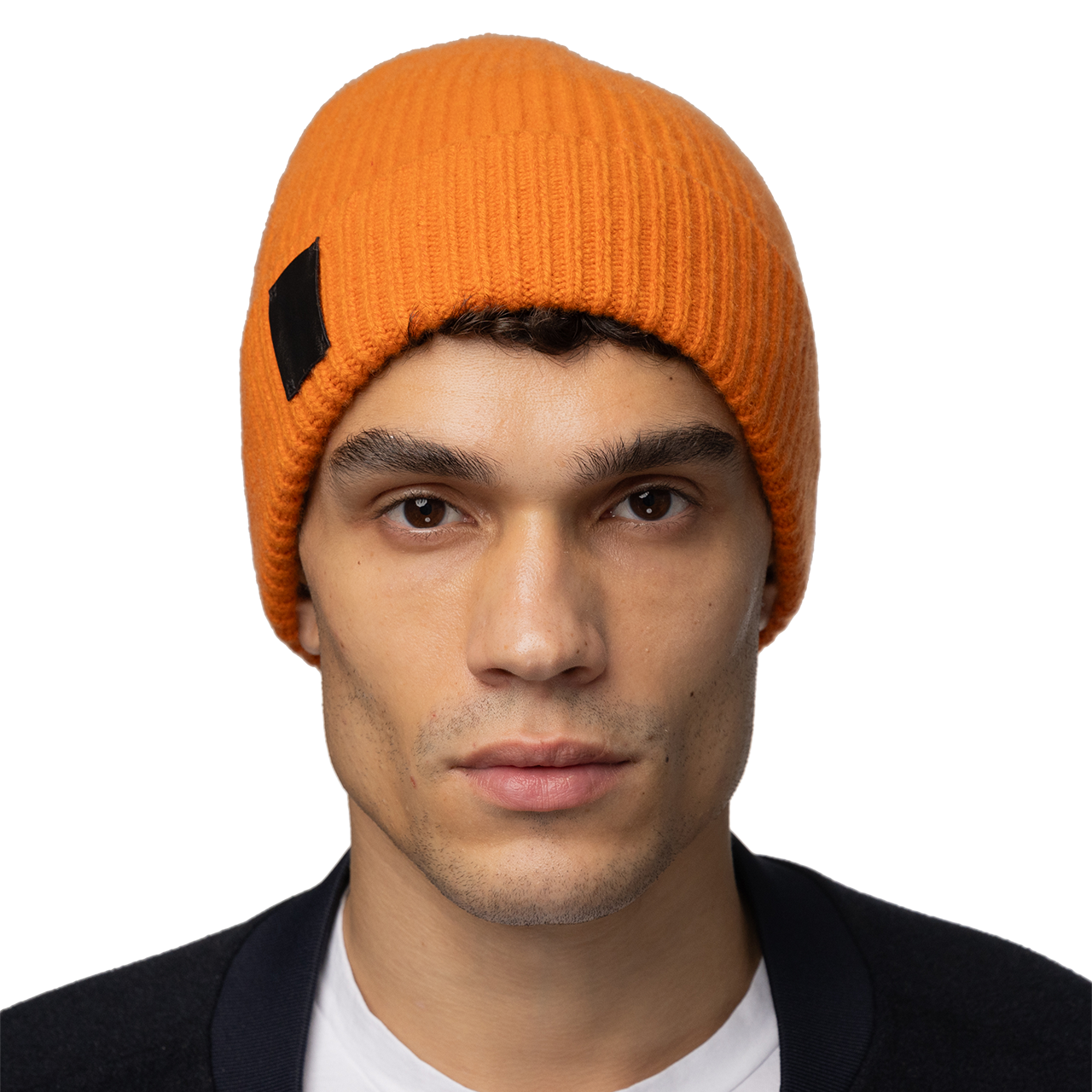 Cashmere Ribbed Cuff Beanie with Leather Tab - Orange