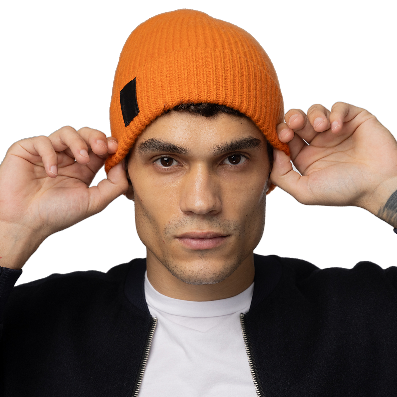 Cashmere Ribbed Cuff Beanie with Leather Tab - Orange