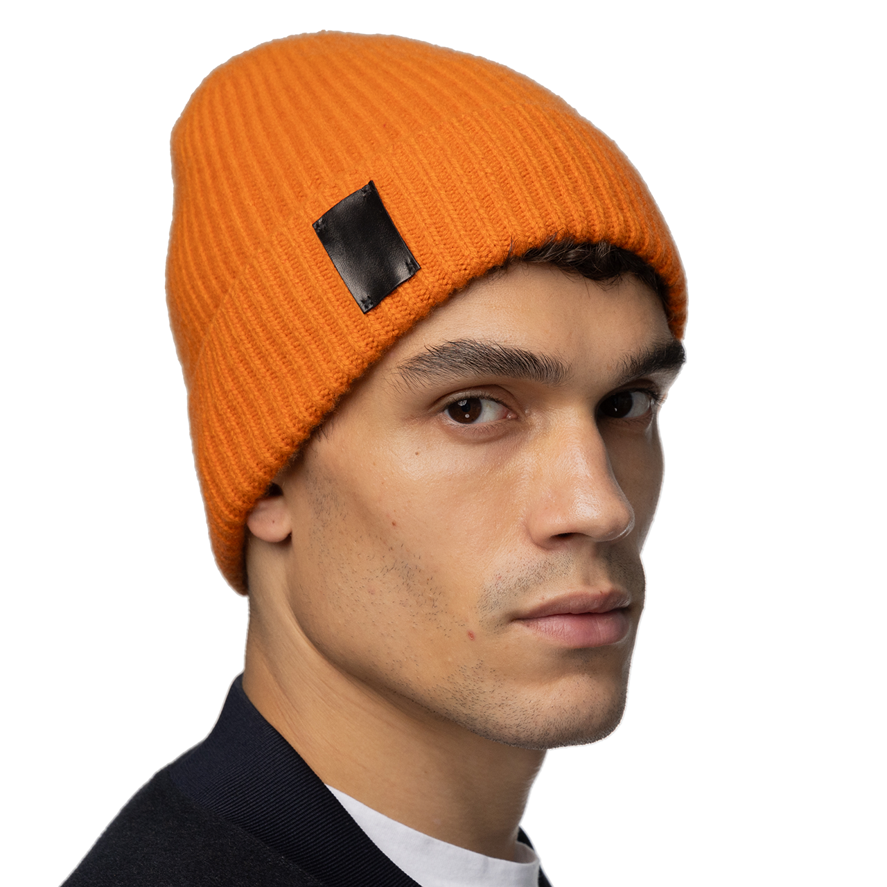 Cashmere Ribbed Cuff Beanie with Leather Tab - Orange