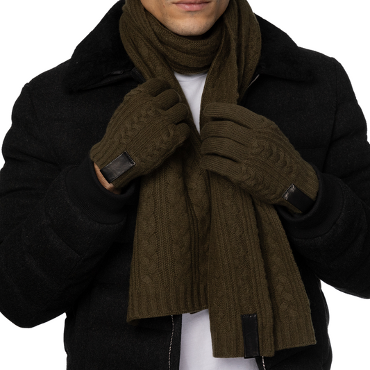 Cashmere Cable Knit Scarf with Leather Tab - Duffle Bag