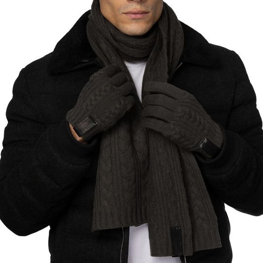 Cashmere Cable Knit Scarf with Leather Tab - Black