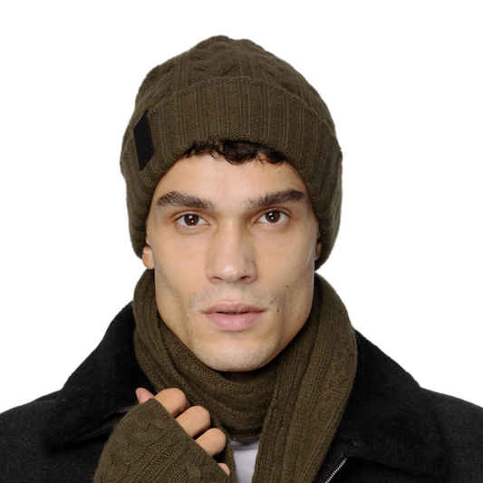 Cashmere Cable Knit Cuff Beanie with Leather Tab - Duffle Bag