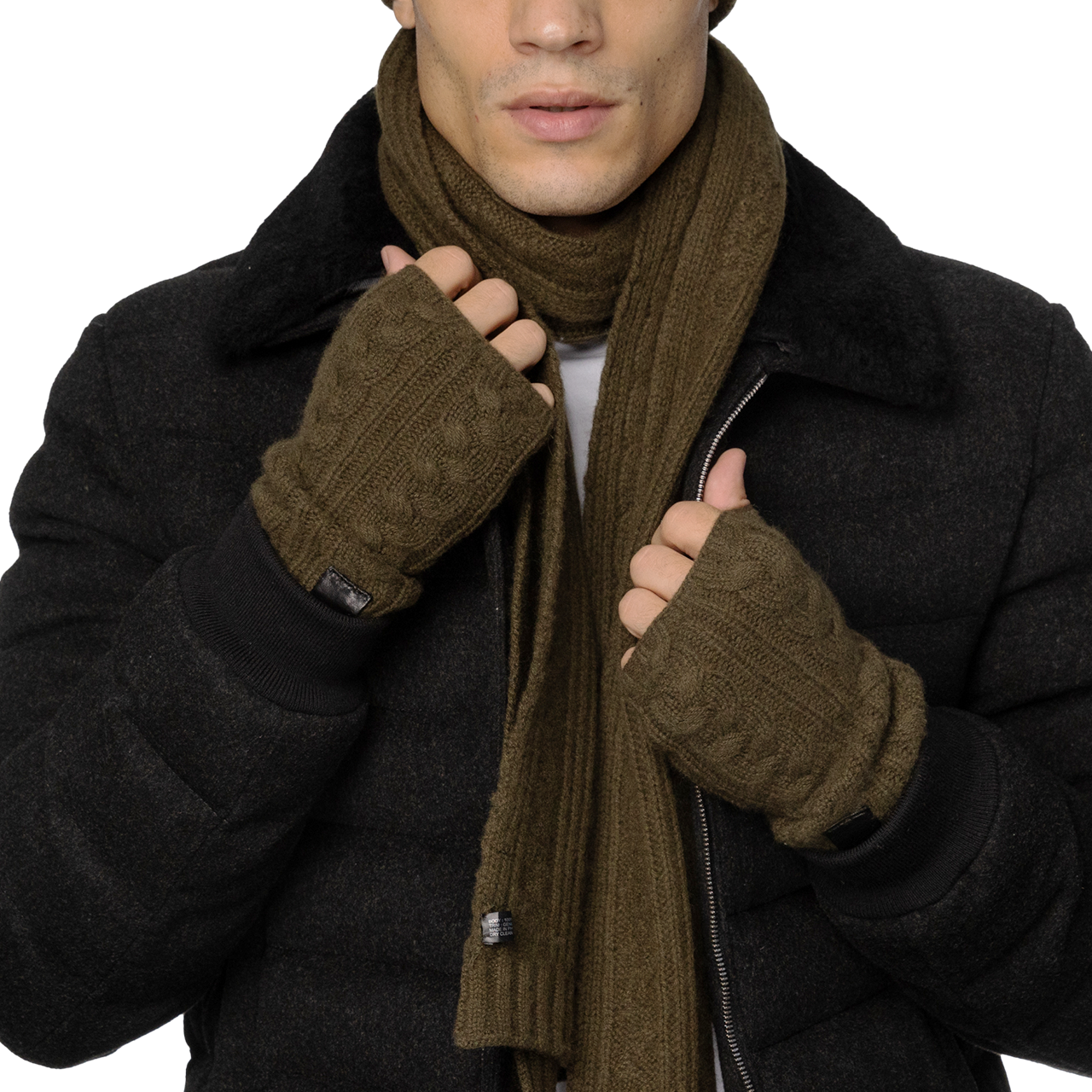 Cashmere Cable Knit Fingerless Gloves with Leather Tab - Duffle Bag