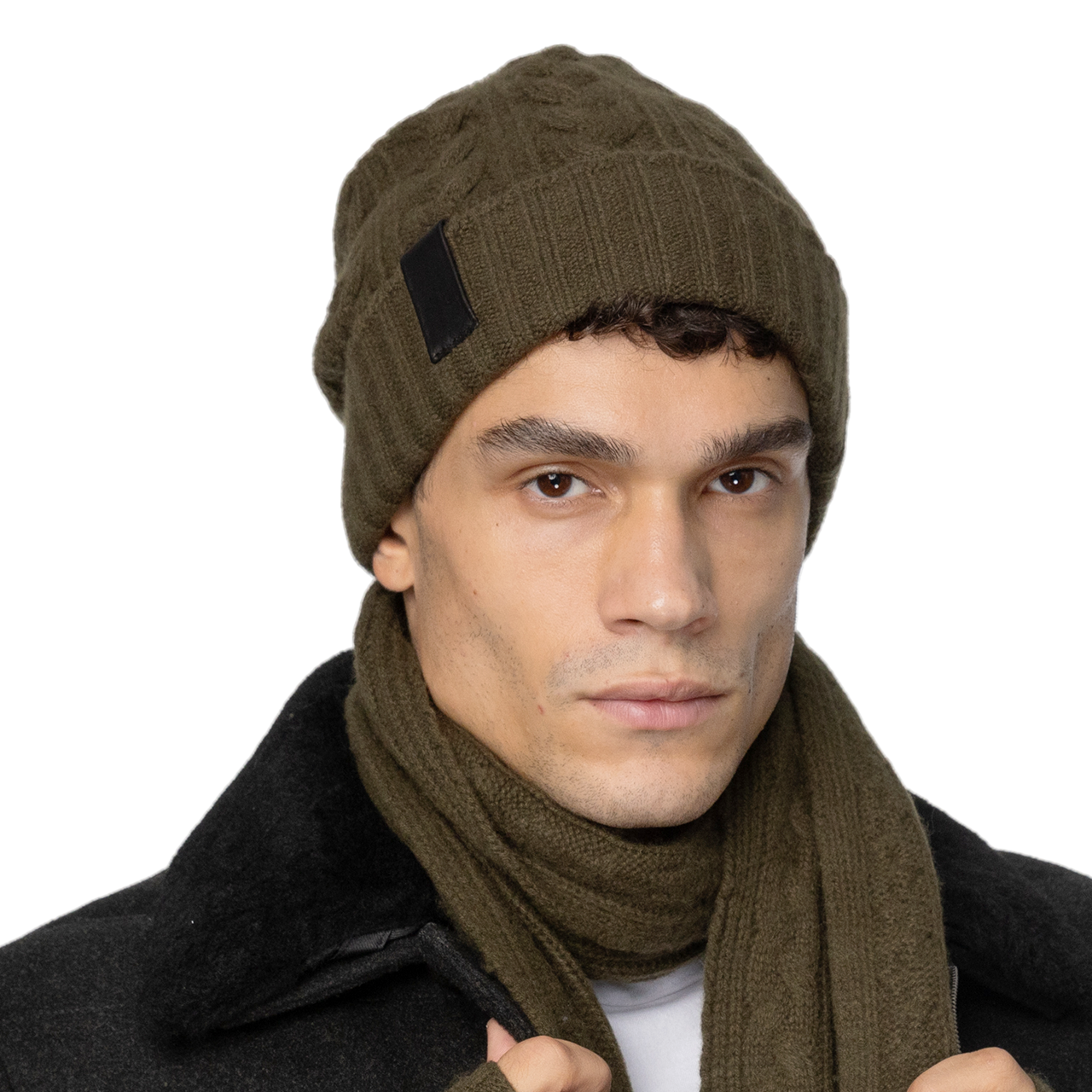 Cashmere Cable Knit Cuff Beanie with Leather Tab - Duffle Bag