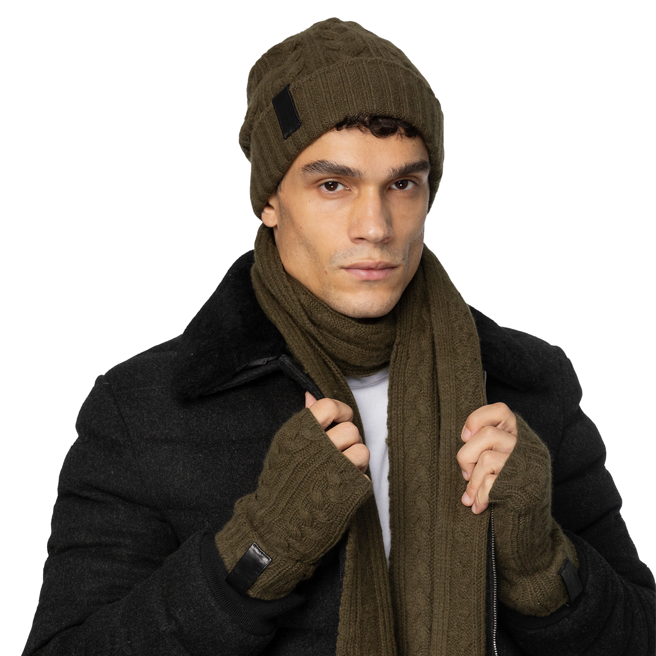 Cashmere Cable Knit Fingerless Gloves with Leather Tab - Duffle Bag