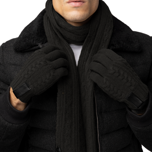 Cashmere Cable Knit Gloves with Leather Tab and Touchscreen Sensitive - Black