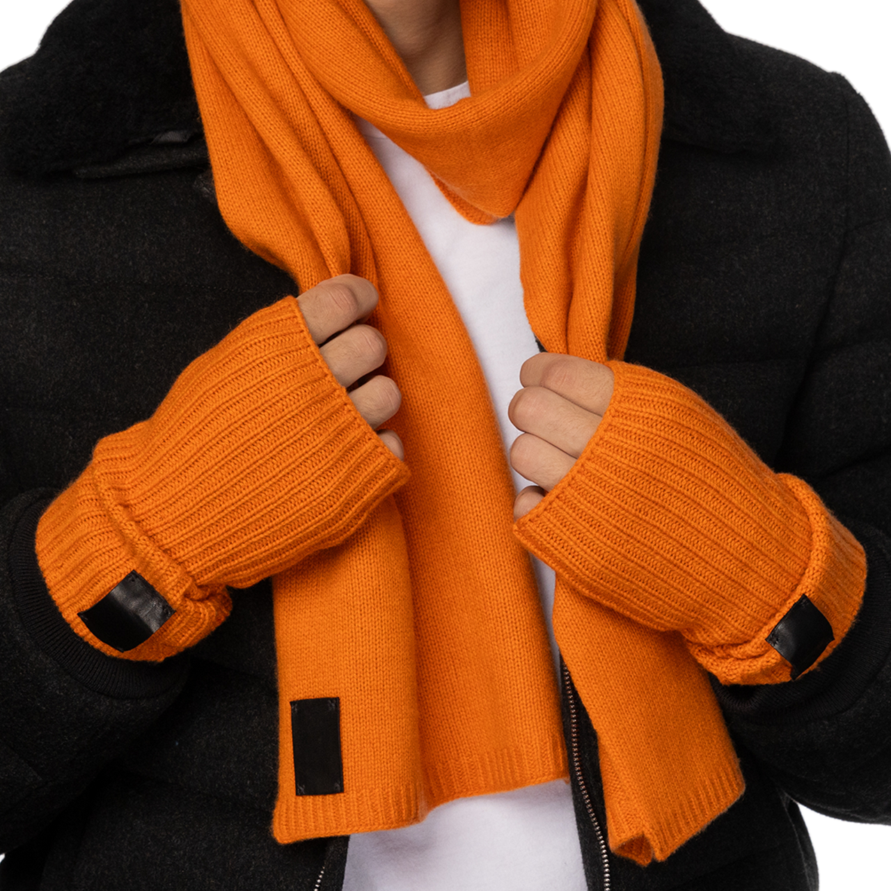 Cashmere Ribbed Fingerless Gloves with Leather Tab - Orange