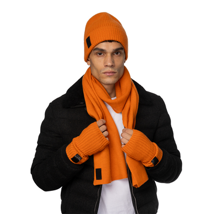 Cashmere Ribbed Scarf with Leather Tab - Orange