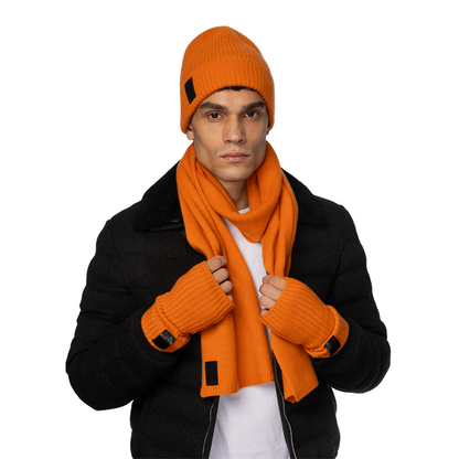 Cashmere Ribbed Fingerless Gloves with Leather Tab - Orange