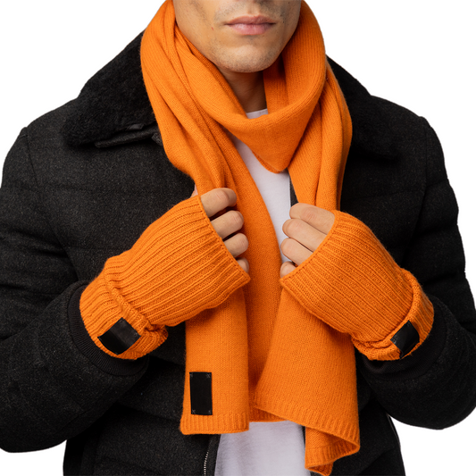 Cashmere Ribbed Scarf with Leather Tab - Orange