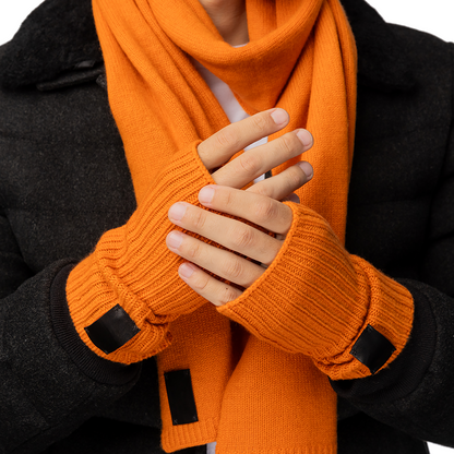 Cashmere Ribbed Fingerless Gloves with Leather Tab - Orange