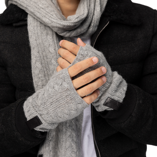 Cashmere Cable Knit Fingerless Gloves with Leather Tab - Light Heather Grey