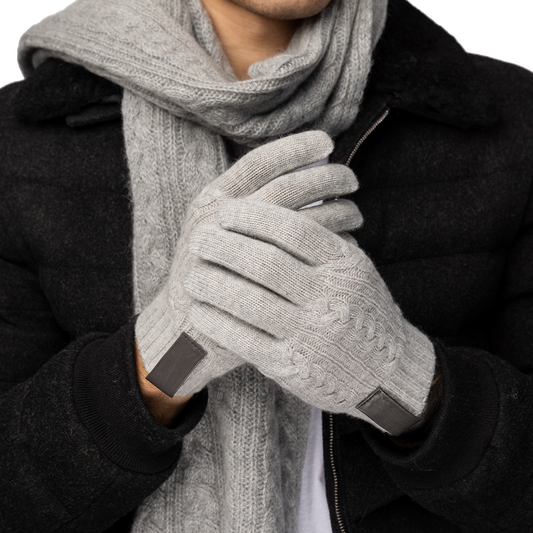 Cashmere Cable Knit Gloves with Leather Tab and Touchscreen Sensitive - Light Heather Grey