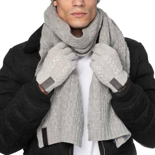 Cashmere Cable Knit Scarf with Leather Tab - Light Heather Grey