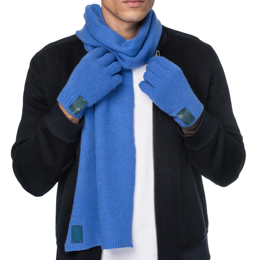 Cashmere Ribbed Scarf with Leather Tab - Cobalt Blue