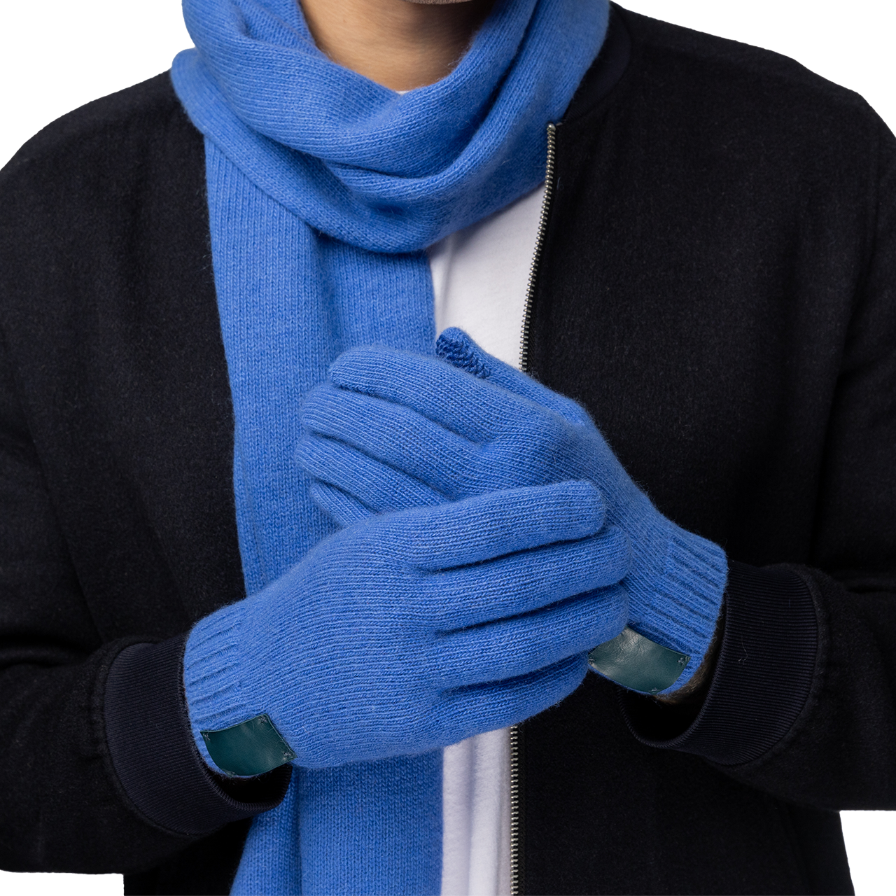 Cashmere Ribbed Gloves with Leather Tab and Touchscreen Sensitive - Cobalt Blue