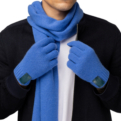 Cashmere Ribbed Gloves with Leather Tab and Touchscreen Sensitive - Cobalt Blue
