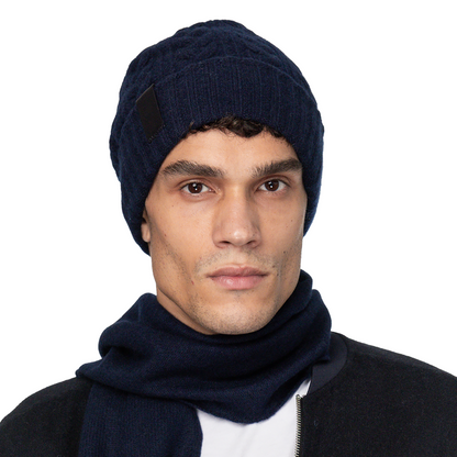 Cashmere Cable Knit Cuff Beanie with Leather Tab - Navy