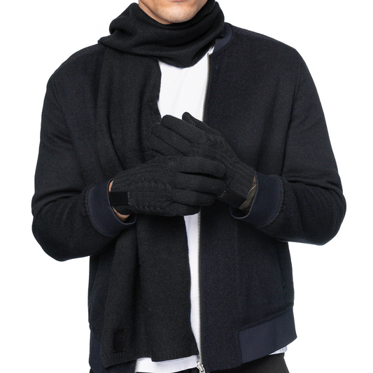Cashmere Ribbed Scarf with Leather Tab - Black