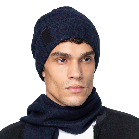Cashmere Cable Knit Cuff Beanie with Leather Tab - Navy