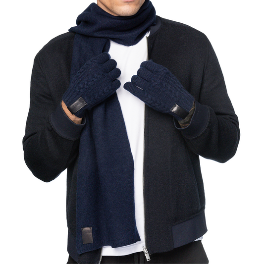 Cashmere Ribbed Scarf with Leather Tab - Navy