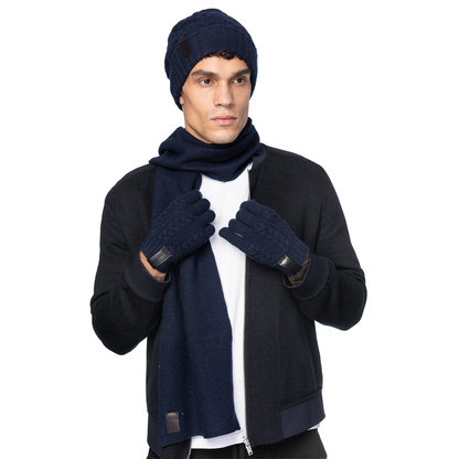 Cashmere Ribbed Scarf with Leather Tab - Navy